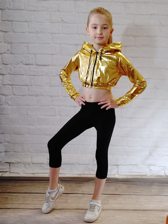 Felpa metallizzata lucida per bambini con ampio cappuccio per esibizioni color oro