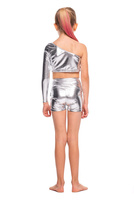 Shiny metallic top with asymmetrical neckline, long sleeves, and silver color.