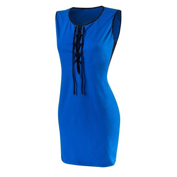 Women's Cotton Blue Dress with Lace-Up Neckline.