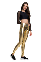 Women's metallic shiny leggings with long legs and high-waisted for a golden performance.