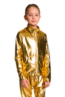 Blizgūs metaliniai megztiniai ilgomis rankovėmis, stovima apykakle, užtrauktuku ir kišenėmis, aukso spalvos apranga