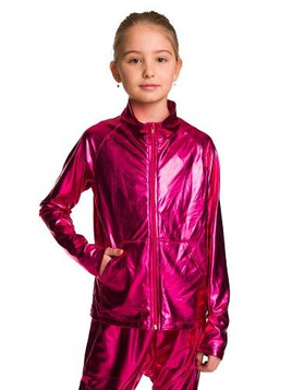 Metallic shimmering sweatshirt with long sleeves, zip stand-up collar, and fuchsia showcase pockets.