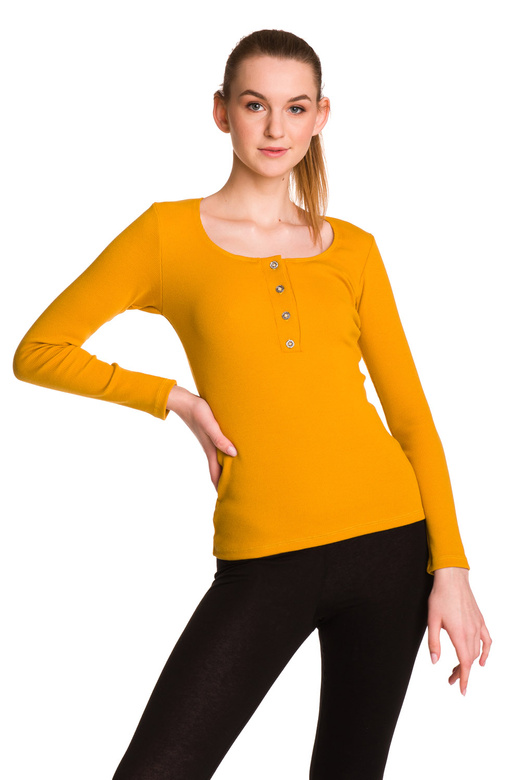 Blusa da donna in cotone a maniche lunghe con riga color senape