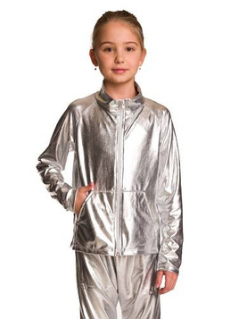 Glänzendes Metallic-Sweatshirt mit langen Ärmeln, Stehkragen, Reißverschluss und Taschen, silbernes Performance-Outfit