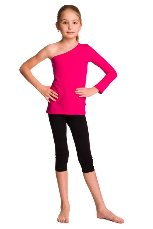 Blusa asimmetrica in cotone con maniche lunghe, scollo diagonale fucsia