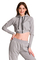 Women's short sweatshirt hoodie with large hood for girls in melange gray.