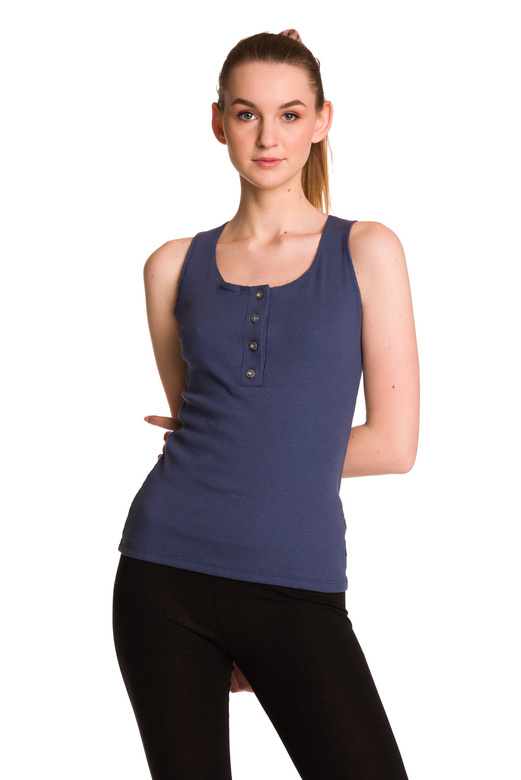 Women's sleeveless cotton blouse with denim stripe pattern.