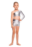 Shiny metallic top with asymmetrical neckline, long sleeves, and silver color.