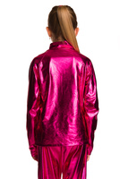 Metallic shimmering sweatshirt with long sleeves, zip stand-up collar, and fuchsia showcase pockets.