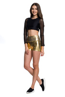 Metallic golden shiny short shorts for girls' performance.