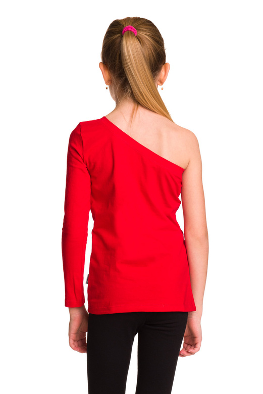 Asymmetric Cotton Shirt with Long Sleeves and Diagonal Red Neckline.