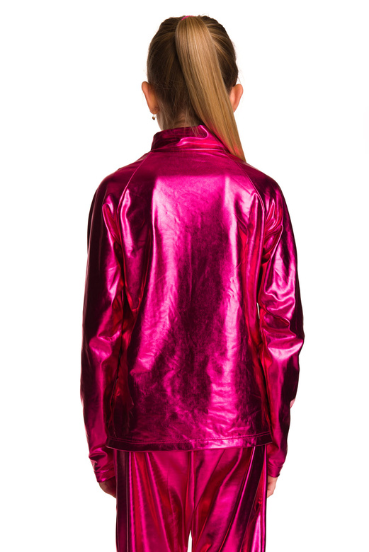 Metallic shimmering sweatshirt with long sleeves, zip stand-up collar, and fuchsia showcase pockets.