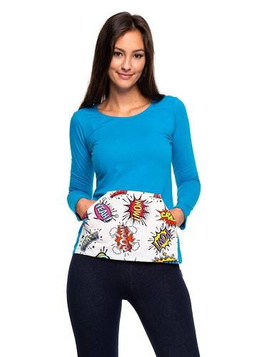 Blusa Camiseta manga larga con bolsillo canguro WOW turquesa