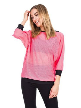 Korallenrote Mesh-Bluse mit 3/4-Ärmeln