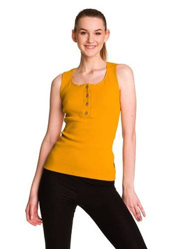 Blusa da donna in cotone senza maniche con riga color senape