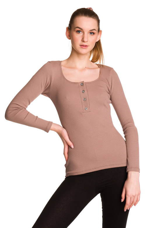 Women's long-sleeved cotton blouse in beige stripes.