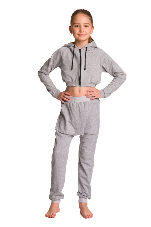 Sweat court femme à grande capuche pour fille gris chiné