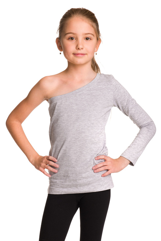 Blusa asimmetrica in cotone con maniche lunghe, scollo diagonale, grigio melange