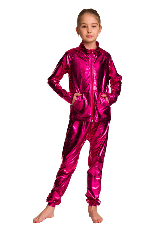 Sudadera con brillo metalizado de manga larga, cuello alto, cremallera y bolsillos de reborde fucsia