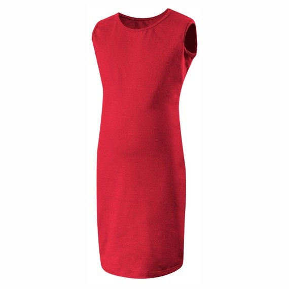 Sleeveless red pencil dress.