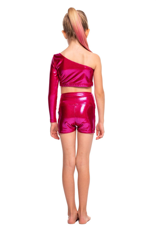 Damen Mädchen Sport Top Metallic Shiny Asymmetric Long Sleeve Slash Neckline For Performance Fuchsia