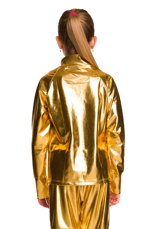Sweat-shirt brillant métallisé à manches longues, col montant, fermeture éclair et poches, tenue de performance dorée