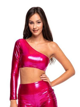 Damen Mädchen Sport Top Metallic Shiny Asymmetric Long Sleeve Slash Neckline For Performance Fuchsia