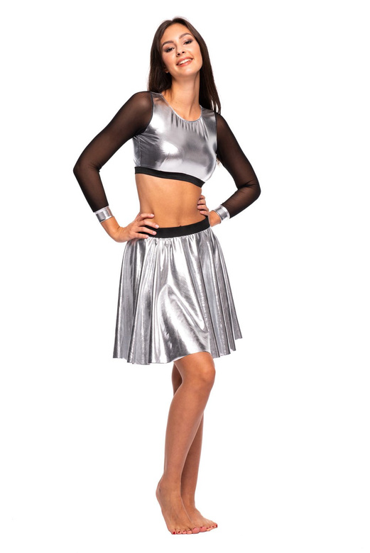 Haut de sport femme pour filles métallisé brillant à manches longues en maille pour la performance argent