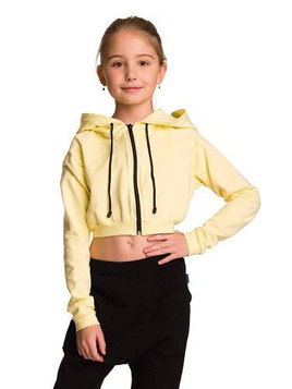 Short hooded sweatshirt for girls with a large hood, lemon color.