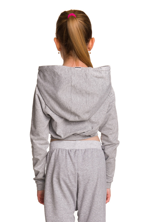 Women's short sweatshirt hoodie with large hood for girls in melange gray.