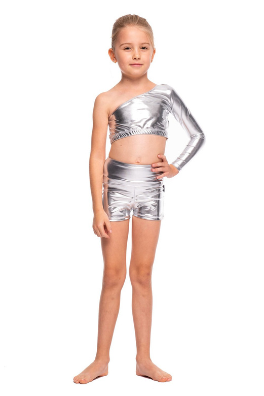 Shiny metallic top with asymmetrical neckline, long sleeves, and silver color.