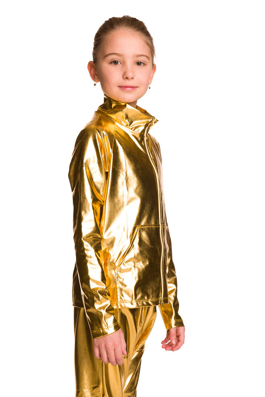 Sudadera metalizada brillante con manga larga, cuello alto, cremallera y bolsillos, traje de rendimiento dorado