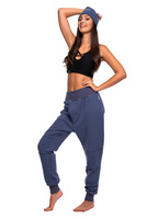 Women's, men's, and children's drop-crotch jogger sweatpants with a jeans-inspired look.