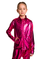 Metallic shimmering sweatshirt with long sleeves, zip stand-up collar, and fuchsia showcase pockets.