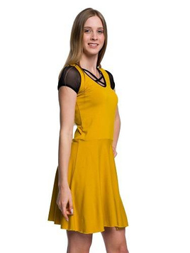 Short sleeve mesh dress with mustard straps neckline