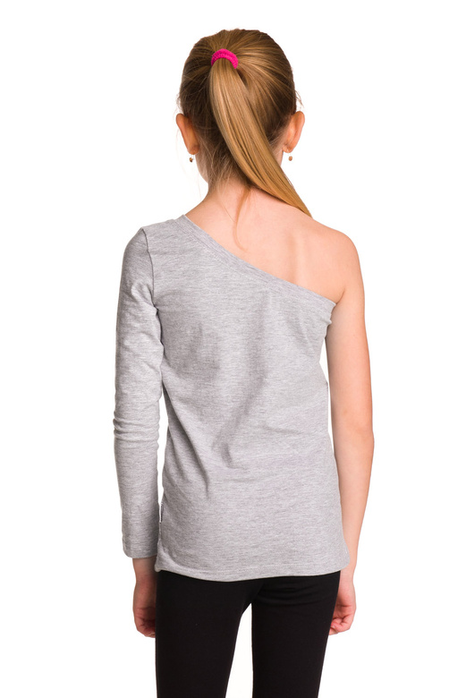 Blusa asimmetrica in cotone con maniche lunghe, scollo diagonale, grigio melange