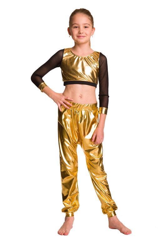 Damen Sporttop für Mädchen metallisch glänzend mit langen Ärmeln aus Gold Mesh