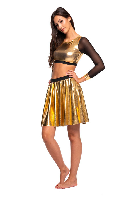 Damen Sporttop für Mädchen metallisch glänzend mit langen Ärmeln aus Gold Mesh