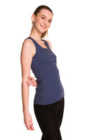 Women's sleeveless cotton blouse with denim stripe pattern.