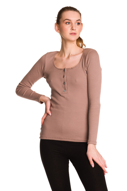 Women's long-sleeved cotton blouse in beige stripes.