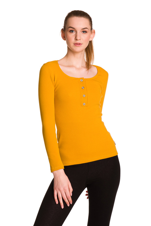 Blusa da donna in cotone a maniche lunghe con riga color senape