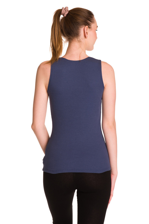 Women's sleeveless cotton blouse with denim stripe pattern.