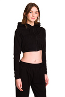 Short black women's hoodie with a large hood for girls - made of sweatshirt material.