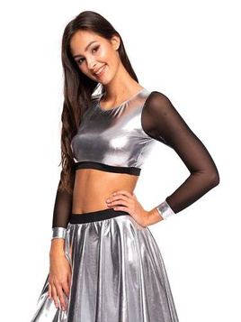 Girls' Metallic Shimmer Long-Sleeve Mesh Top for Sports Performance - Silver