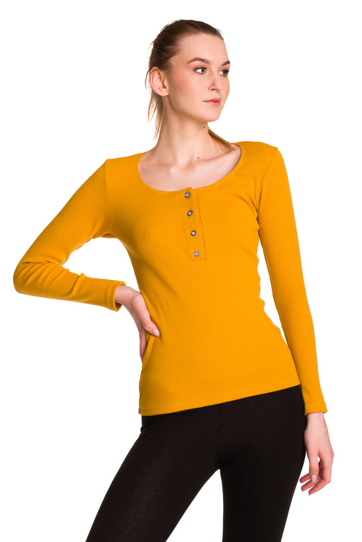 Blusa da donna in cotone a maniche lunghe con riga color senape