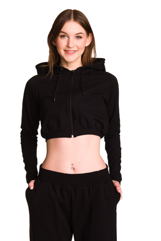 Short black women's hoodie with a large hood for girls - made of sweatshirt material.