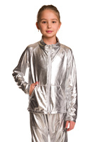 Sudadera metalizada brillante con manga larga, cuello alto, cremallera y bolsillos, atuendo de rendimiento plateado