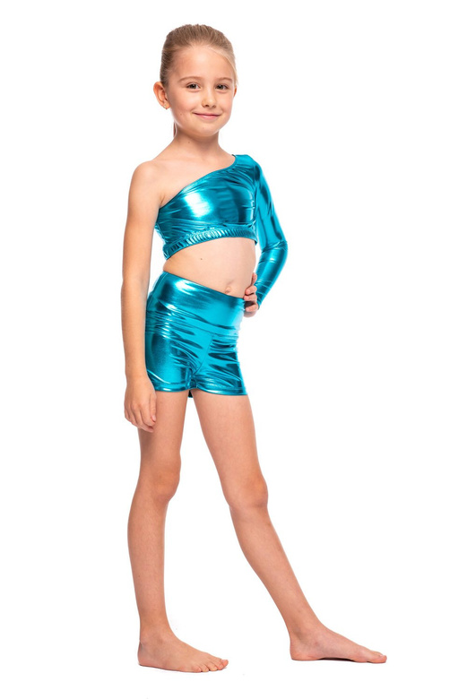 Filles Femme Haut de Sport Métallisé Scintillant Asymétrique Manches Longues Col Slash Pour Performance Turquoise