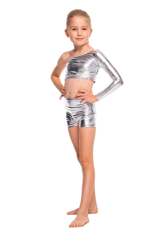 Shiny metallic top with asymmetrical neckline, long sleeves, and silver color.