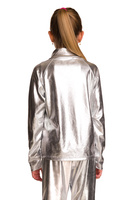 Metallic shining sweatshirt with long sleeves, a stand-up collar, zipper and pockets, silver stage outfit.